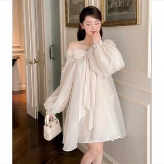 Váy Babydoll Tơ Mềm Trễ Vai Nơ Nguc Tay Phồng