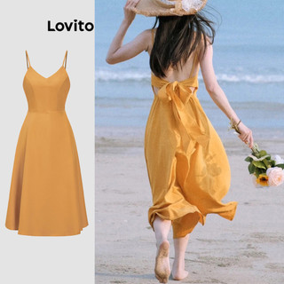 Đầm Lovito màu trơn thắt nơ phong cách Boho cho nữ L89ED019