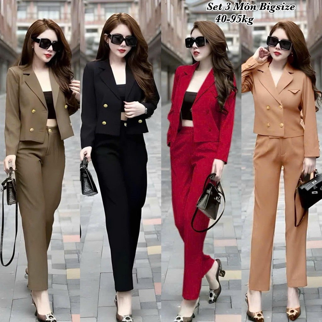 Set Vest Tay Dài Bigsize Nữ Quần Dài Công Sở - Set Blazer 3 Món Lụa Chéo Thái Thiết Kế Dự Tiệc Nữ Ca