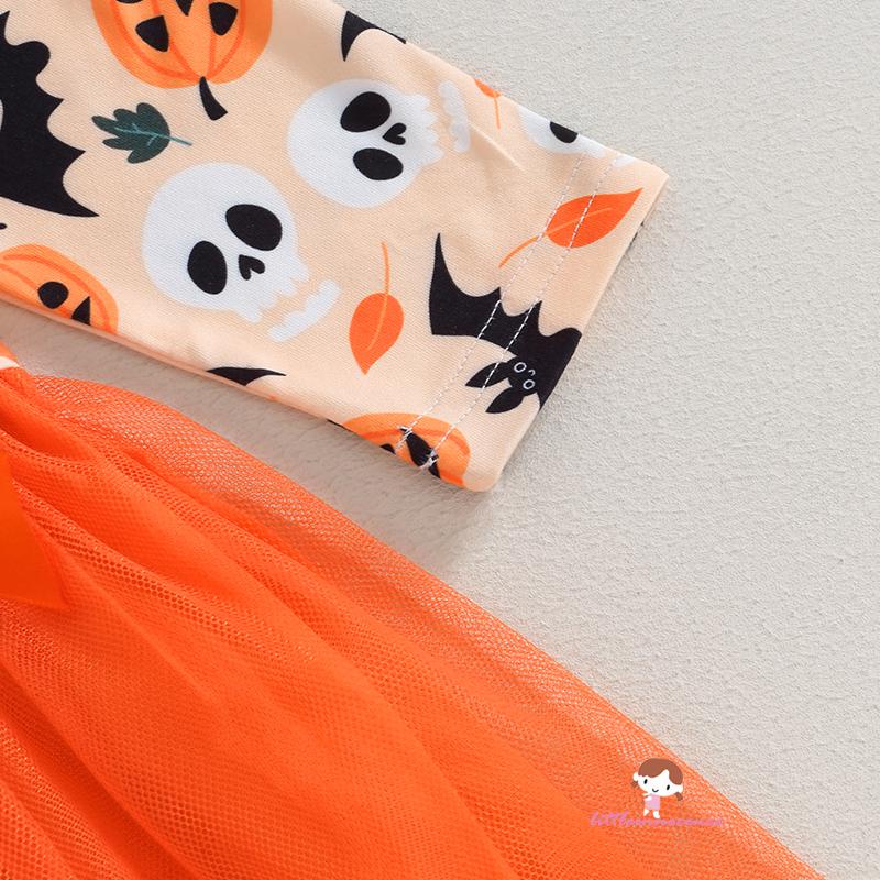 Đầm Xòe Tay Dài In Hình Quả Bí Ngô / Dơi / Đầu Lâu Phối Lưới Đính Nơ Thời Trang halloween Cho Bé Gái