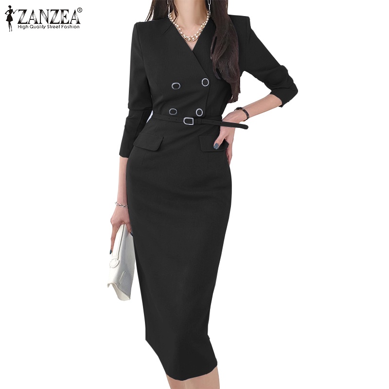 Zanzea Đầm Tay Lỡ 3 / 4 Cổ Chữ v Phong Cách Công Sở Thanh Lịch Dành Cho Nữ