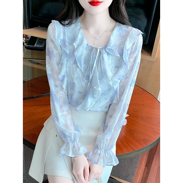 Áo Sơ Mi chiffon Tay Dài Phối Bèo In Họa Tiết Hoa Thời Trang Mùa Thu 2023 Phong Cách Mới Cho Nữ