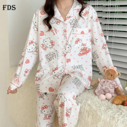 Fds Bộ Đồ Ngủ Dài Tay Họa Tiết hello kitty Phong Cách Nhật Bản Cho Nữ