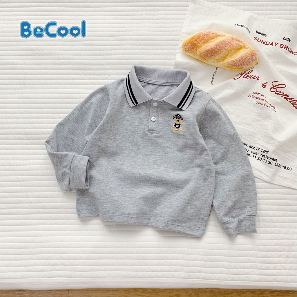 Áo Polo Dài Tay Thêu Hình Gấu Cho Bé Chất Thun Cotton Cao Cấp BeCool, Áo Dài Tay Thu Đông Cho Bé Từ 10-27kg