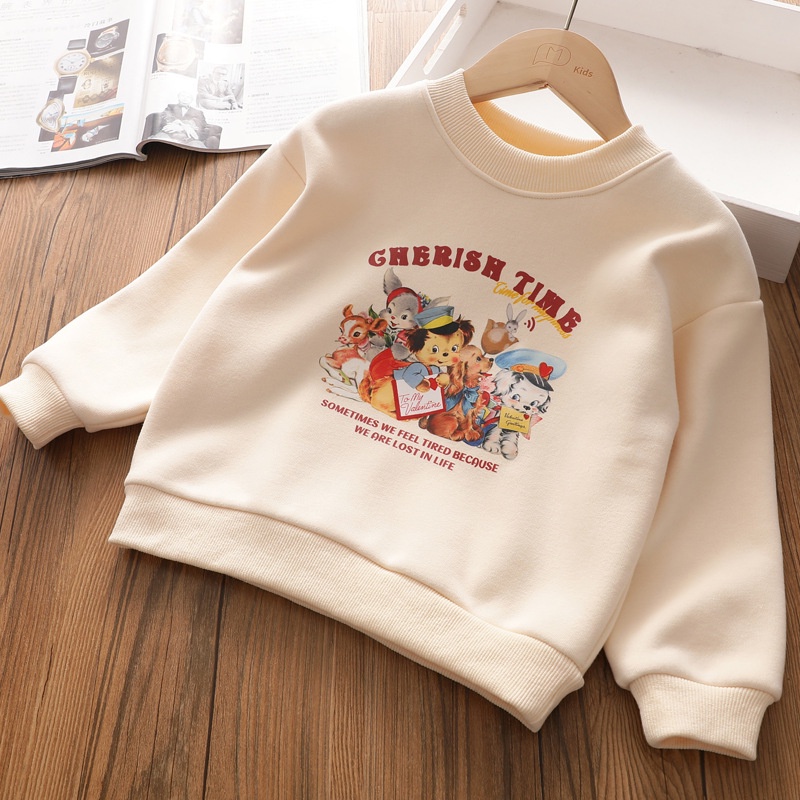 Áo Len Lông Cừu Chui Đầu Cổ Tròn in Hoạt Hình Phong Cách Nước Ngoài Giữ Ấm Cho Bé Gái