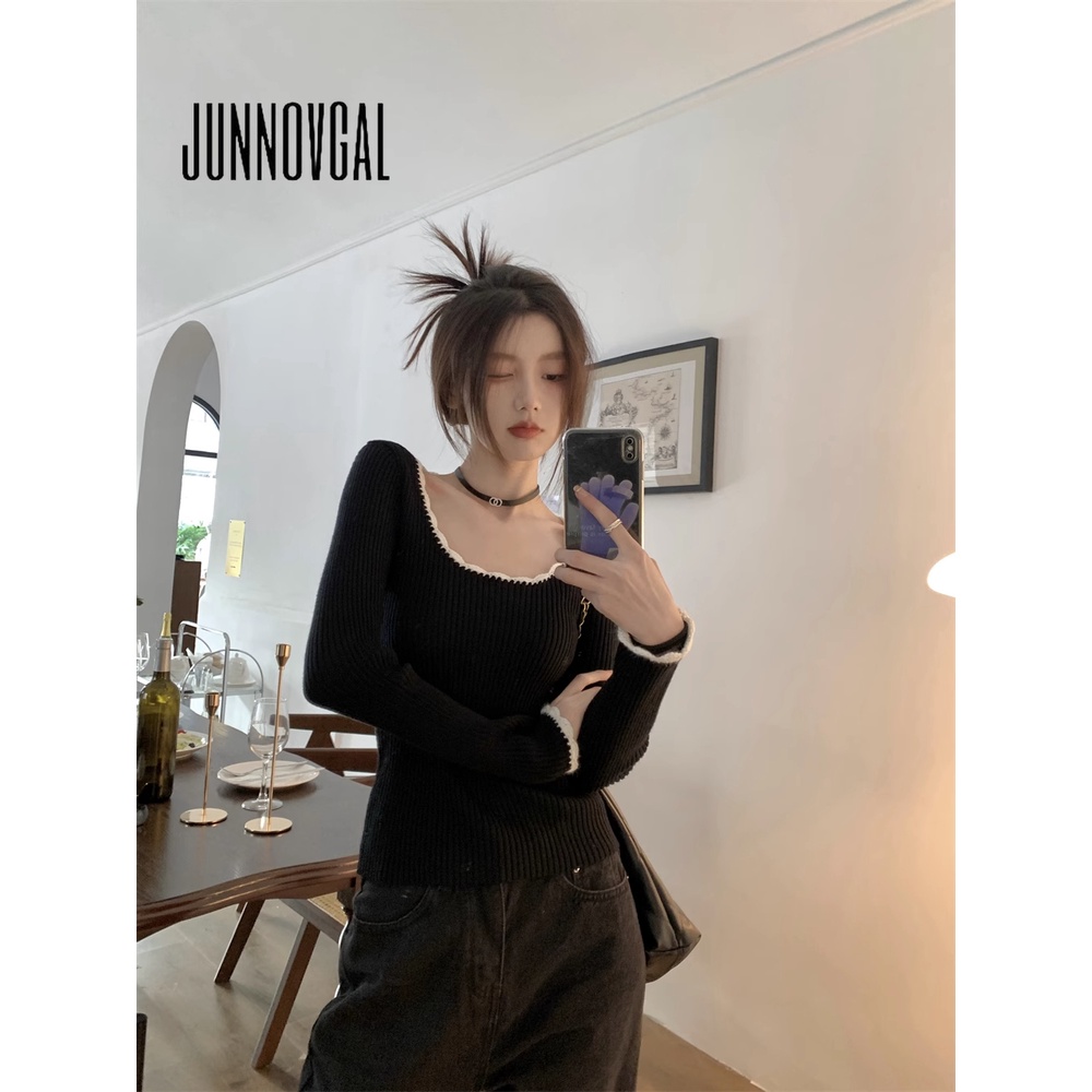 Junnovgal Áo Thun Tay Dài Cổ Chữ u Màu Trơn Dáng Ôm Thời Trang 2023 Dành Cho Nữ