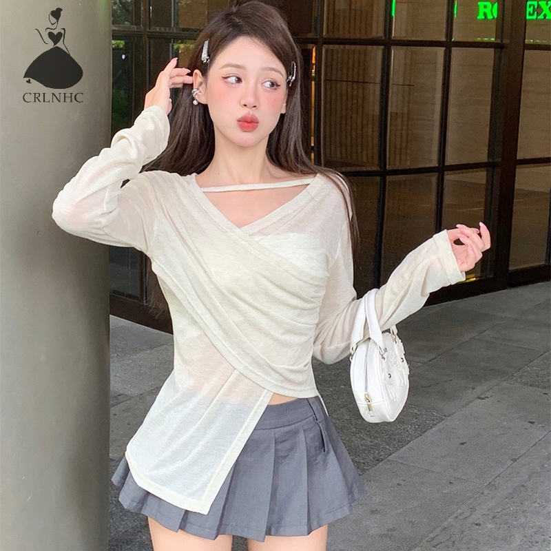 Áo Thun Tay Dài Cổ Chữ v Màu Trơn Thời Trang vintage Dành Cho Nữ vn