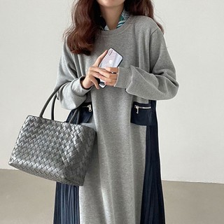 Đầm Dáng Rộng Cổ Tròn Màu Sắc Tương Phản Thời Trang Thu Đông Cho Nữ