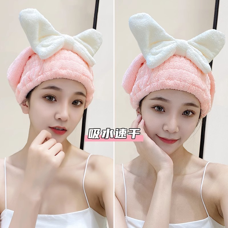♕ Mũ đội tóc khô dày dành cho nữ Hút nước siêu mạnh Túi làm khô nhanh Khăn lau tóc Gội đầu Nơ dễ thương Mũ tắm