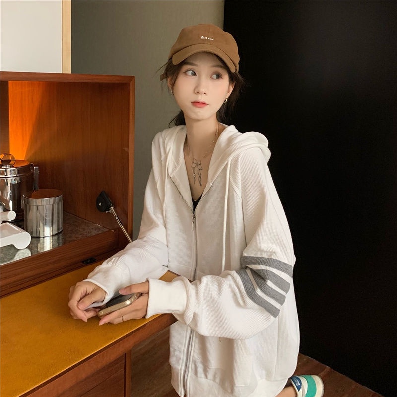 Áo Khoác Hoodie Mỏng Dáng Rộng Màu Xám Có Khóa Kéo Phong Cách Hàn Quốc Thời Trang Xuân Thu Hàng Mới 2022