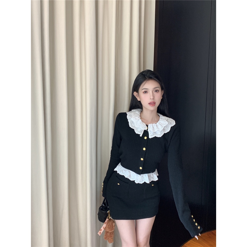 CHOUCHUU Bộ Đồ Khí Chất Kumikumi Áo Dệt Kim Dài Tay Khâu Cổ Búp Bê Cho Nữ Chân Váy Đầu Thu Chân Váy Ngắn Bộ Hai Chiếc