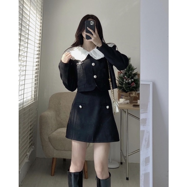 S35 Sét dạ tweed cổ tròn tặng kèm nơ ngọc , áo khoác dạ tay dài mic chân váy chữ A sukii.house