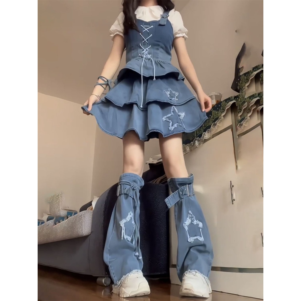Áo y2k Dopamine set Áo Sơ Mi Cổ Búp Bê + Chân Váy Yếm denim Lưng Cao Phong Cách Nhật Bản Cho Nữ