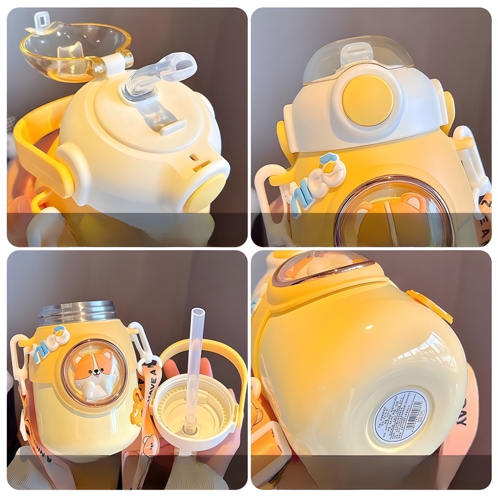 Bình nước giữ nhiệt 700ML INOX 316 họa tiết cute, bình giữ nhiệt cho bé có dây đeo tặng kèm sticker 2D, 3D, bộ rửa bình