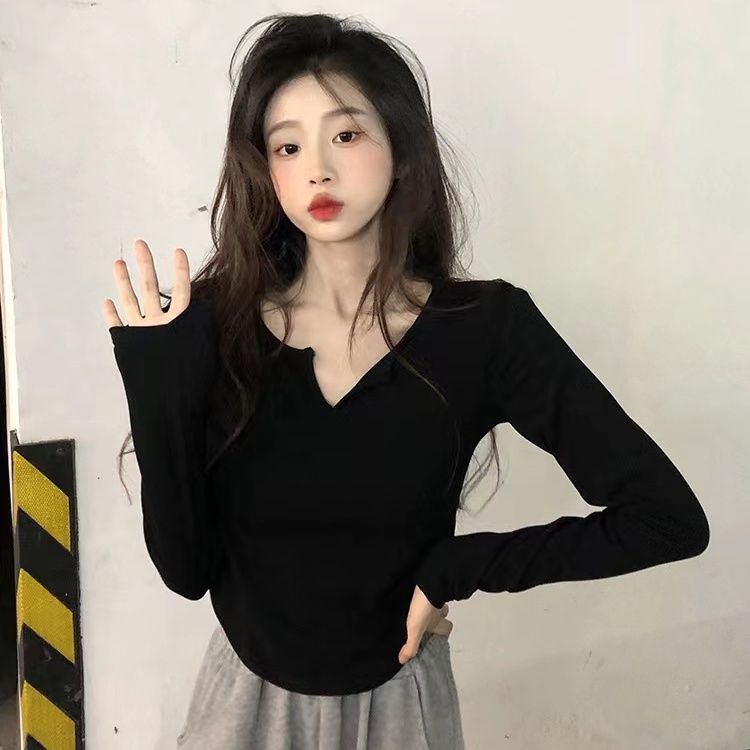 Áo Thun Nữ Tay Dài Cổ Chữ v Màu Trơn