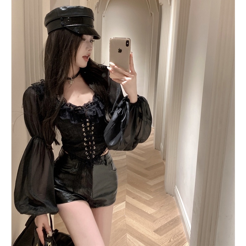 Áo Sơ Mi chiffon Tay Dài Cổ Vuông Phối Ren Kiểu Dáng Quyến Rũ