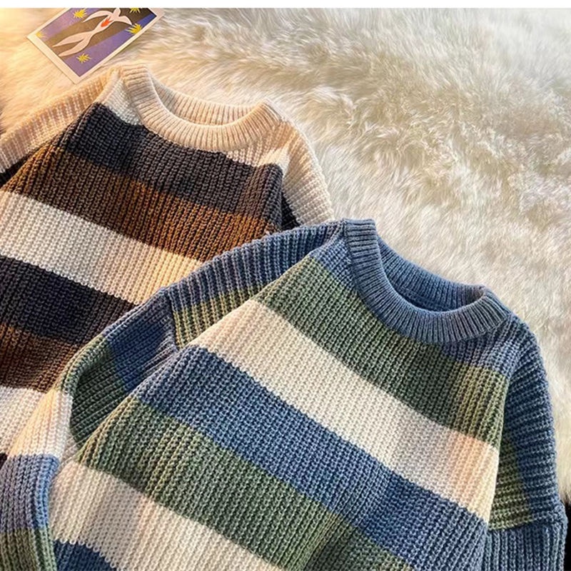 IELGY Áo sweater Dệt Kim Dày Dáng Rộng Kẻ Sọc Màu Khối Thời Trang Thu Đông Cho Nam Sinh