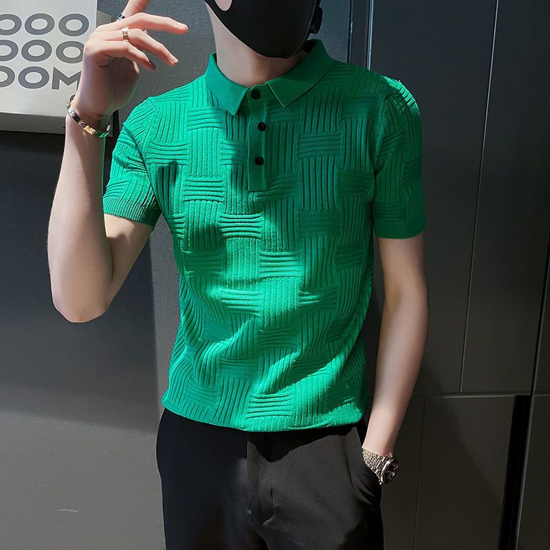 Áo Thun polo Vải Lụa Lạnh Mỏng Dáng Ôm Kẻ Sọc Thoáng Khí Thời Trang Cho Nam