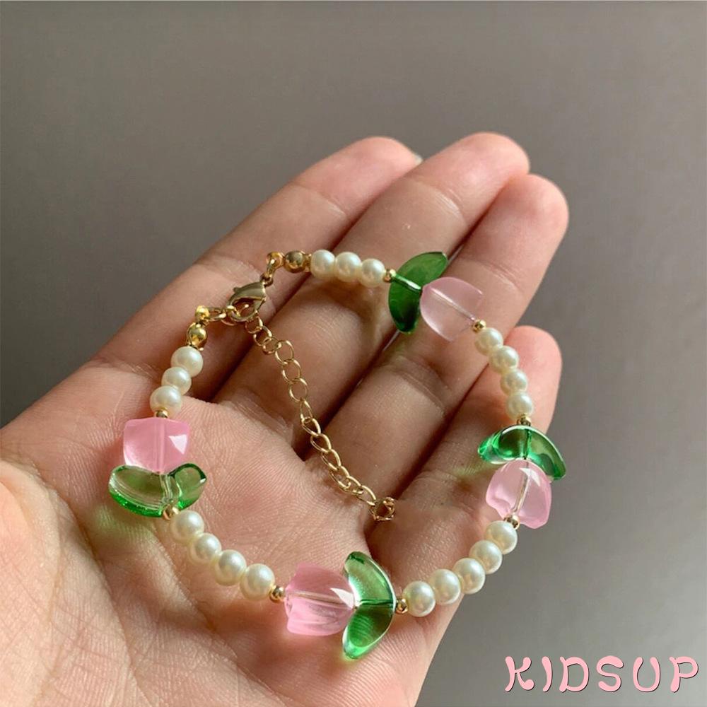 Vòng Đeo Tay Chuỗi Hạt Gắn Hoa tulip 1 Thời Trang vintage Cho Nữ