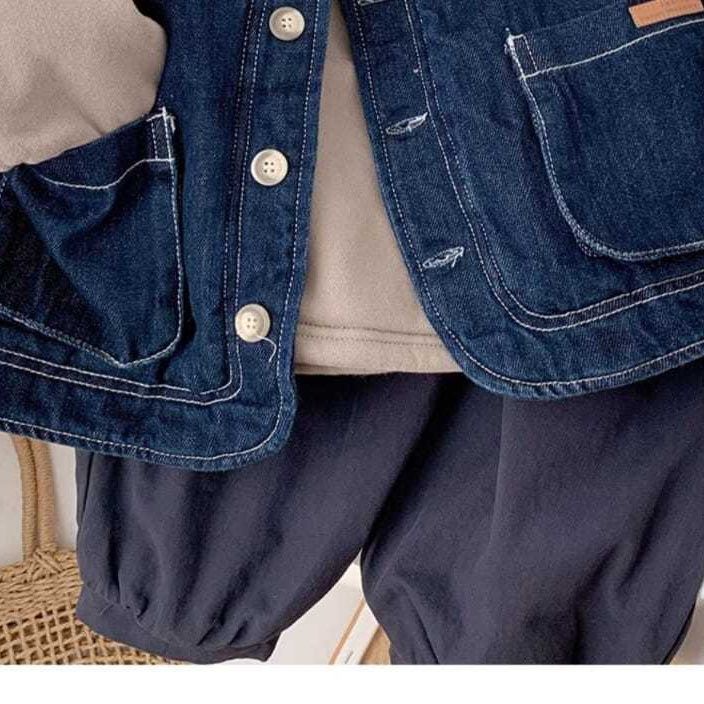 Áo Khoác denim Lót Lông Cừu Dày Dặn Giữ Ấm Thời Trang Thu Đông Phong Cách Hàn Quốc Cho Bé Trai Và Gái