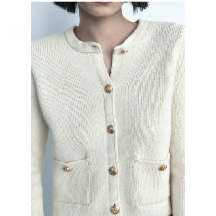 Zara Áo Khoác Dệt Kim Tay Dài Cổ Tròn Có Túi Màu Vàng Thời Trang Thu Đông 233991118