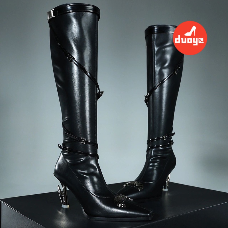 Duooya hair Thẳng ~  Bốt Cao Gót Mũi Nhọn Kim Loại Cao Gót Màu Tối Phong Cách Châu Âu Cho Nữ Miễn Phí Vận Chuyển