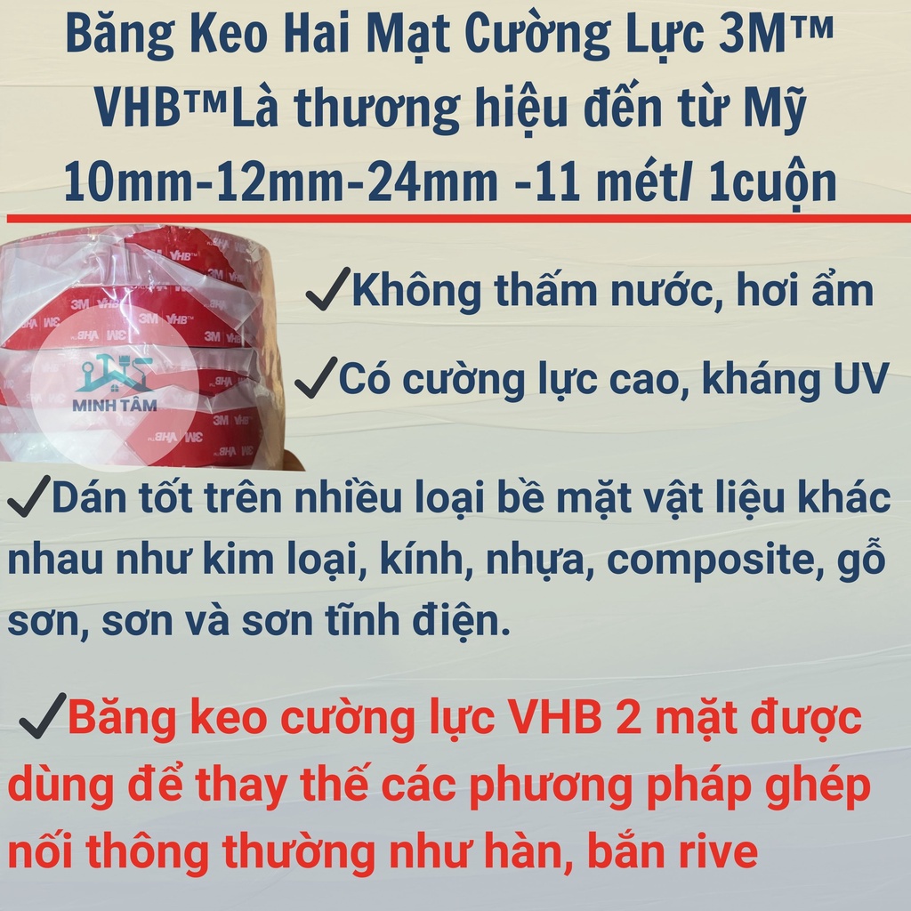 Băng Keo Hai Mặt Cường Lực 3M™ VHB™ 10mm-12mm-24mm -11 mét/ 1cuộn Cao Cấp