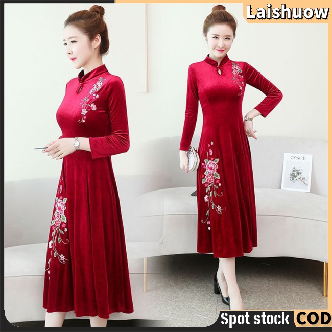 Đầm Sườn Xám Cách Tân Dài Tay Thêu Hoa Thời Trang Nữ Tính
