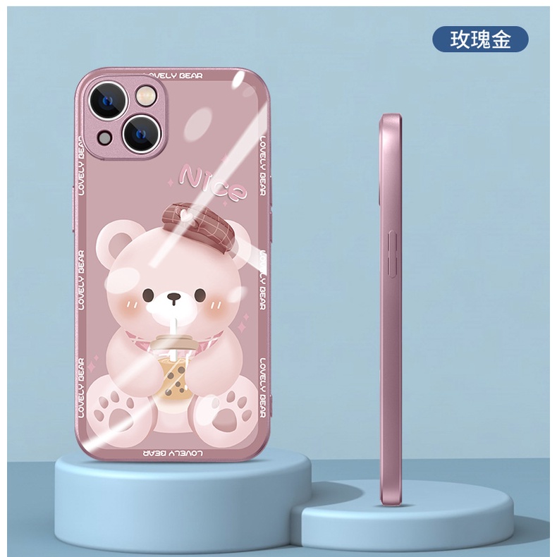 Dễ Thương Ốp Điện Thoại Mặt Kính Hình Gấu Uống Trà Sữa Cho iphone 15promax 14 13pro xr 12 11promax 7 8plus xsmax