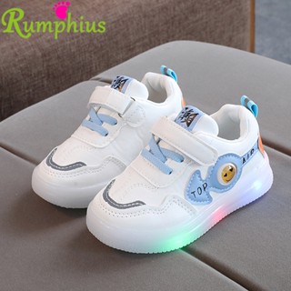  Giày thể thao RUMPHIUS đế mềm chống trượt có đèn led hình mặt cười size 21-30 cho bé 