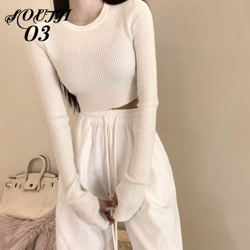 Áo sweater Cổ Tròn Màu Sắc Đơn Giản Cho Nữ Áo Croptop Áo Len