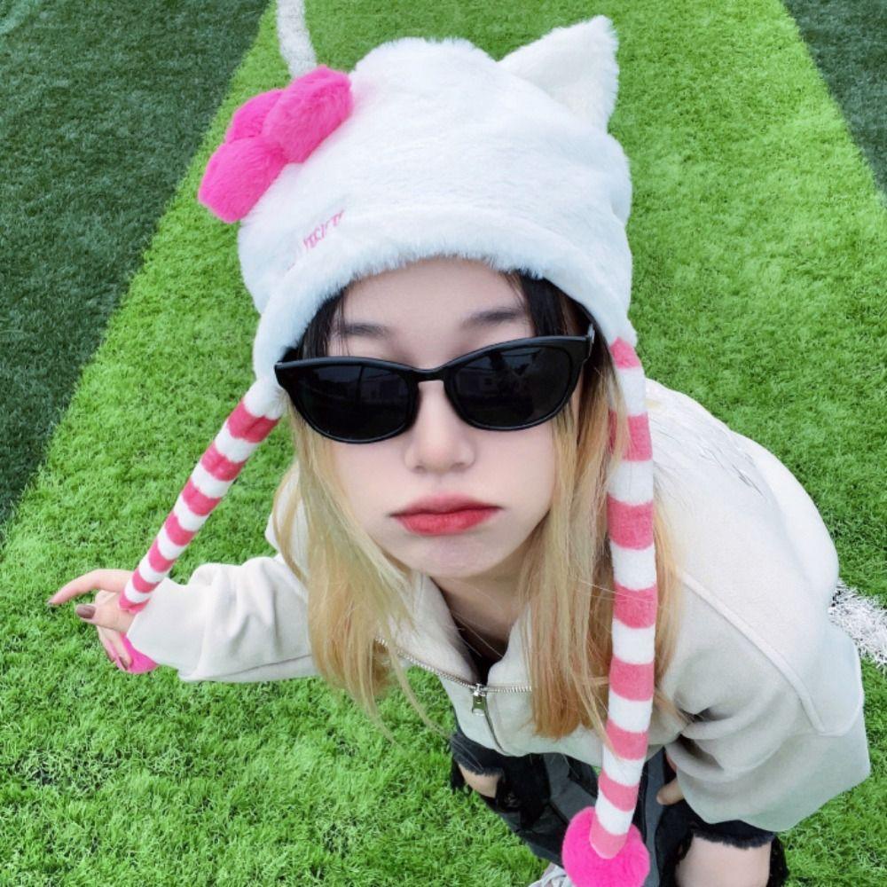 Mũ Trùm Đầu Vải Bông Dày Ấm Áp Hình Mèo kitty Màu Hồng Bảo Vệ Tai