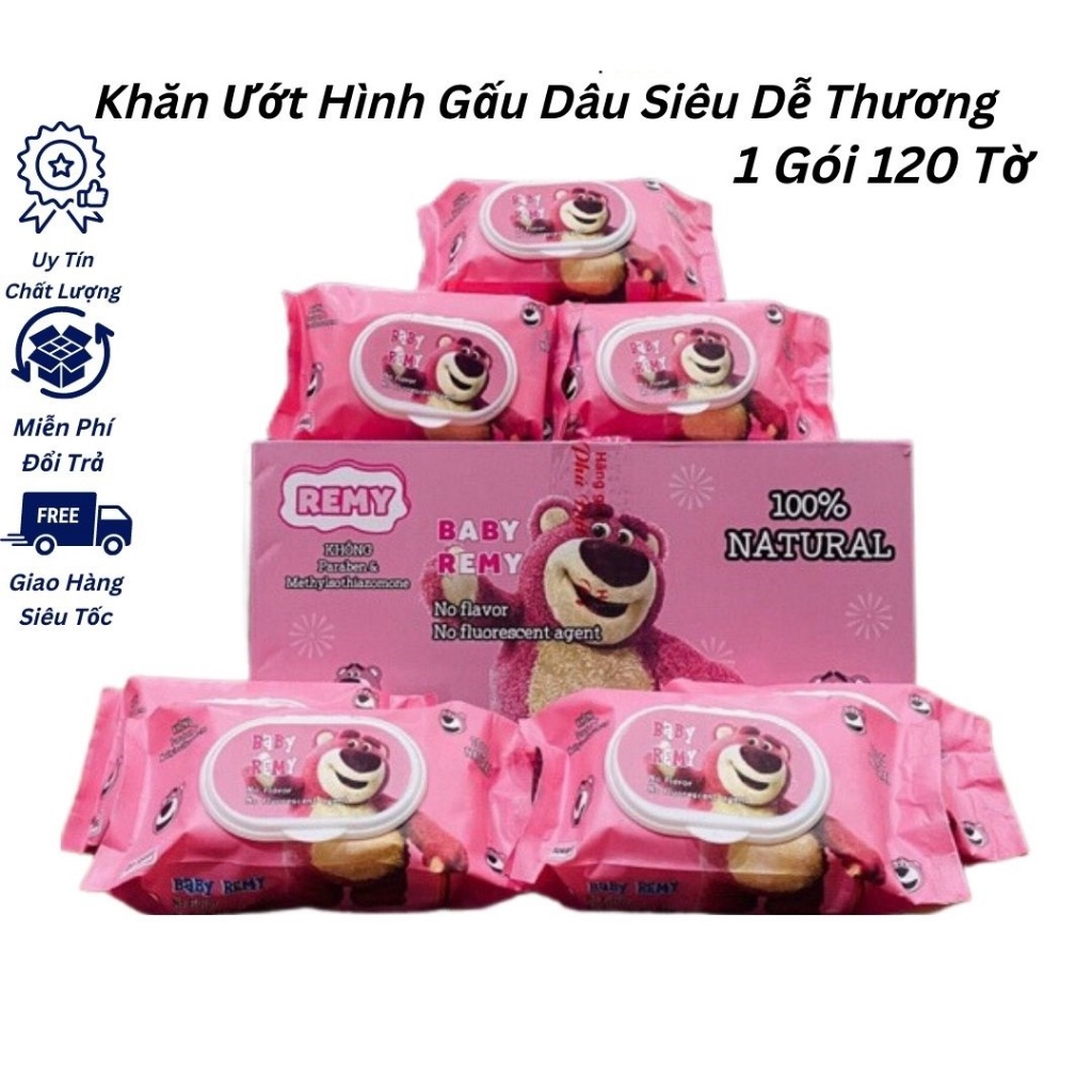 1 GÓI Khăn Ướt Gấu Dâu Gấu Hồng LOTSO Dạng Rút 80 Tờ/Gói
