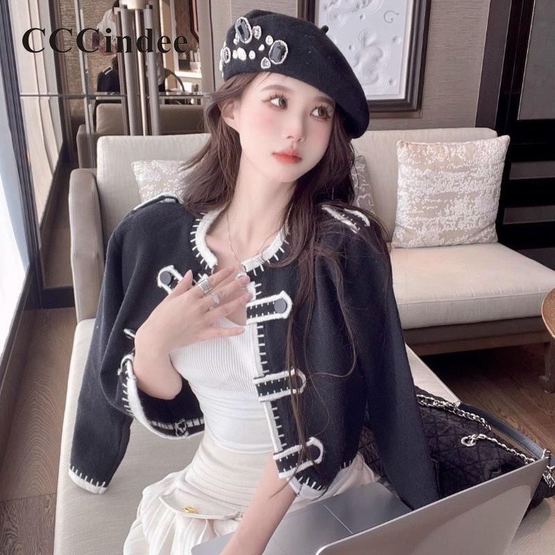 Cccindee Áo Khoác cardigan Tay Dài Phối Màu Tương Phản Thời Trang 2023 Cho Nữ