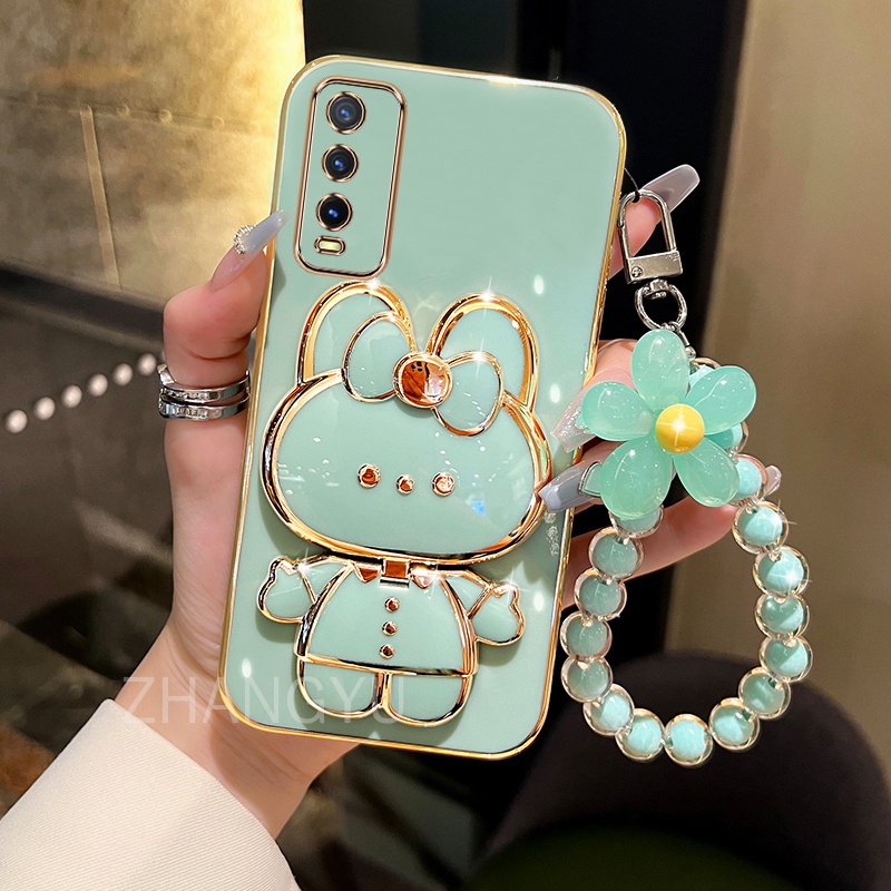 ốp lưng Vivo Y20 Y20S Y20i Y12S Y12A Ốp Điện Thoại Silicone TPU mạ điện 3D thỏ đứng với vòng đeo tay