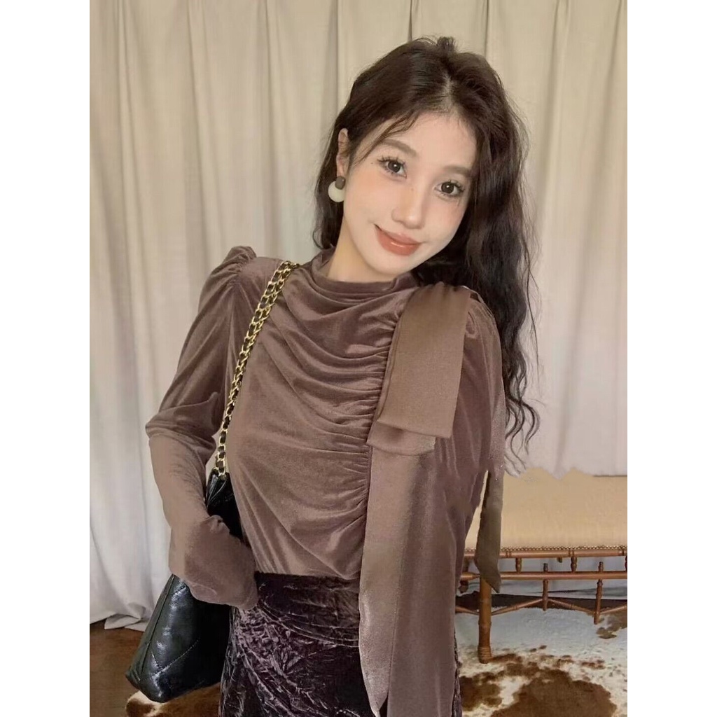 Áo Nhung Cổ Lọ Tay Dài Thời Trang Thu Đông Dành Cho Nữ