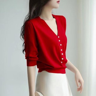 Áo Thun Tay Lỡ Cổ Chữ v Dáng Rộng Thời Trang Thu Đông Phong Cách Hàn Quốc Cho Nữ