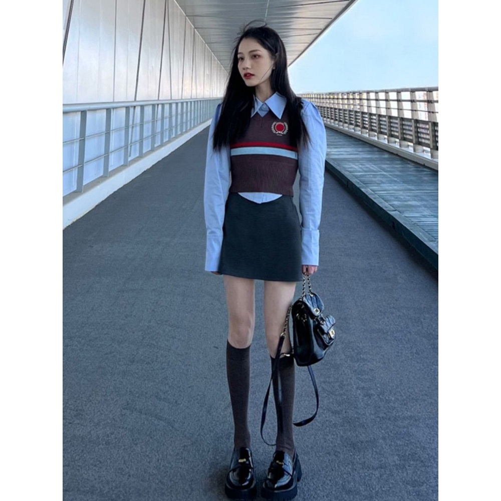 Bộ Áo Thun polo Dệt Kim + Chân Váy Ngắn Lưng Cao Họa Tiết Kẻ Sọc Phong Cách retro Mỹ Cho Nữ