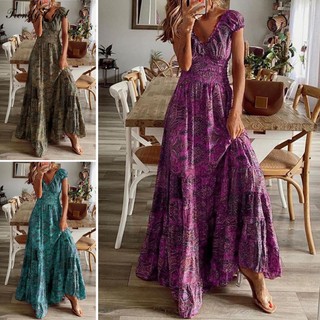 Đầm maxi Dài Dáng Chữ a Eo Cao Co Giãn Phối Diềm Xếp Nếp In Họa Tiết Phong Cách bohemia Cổ Điển