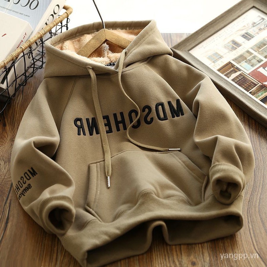 Áo sweatshirt Dày Có Mũ Trùm Lót Lông Cừu Phong Cách Đường Phố Cỡ Vừa Và Lớn Thời Trang Thu Đông Cho Bé Trai @