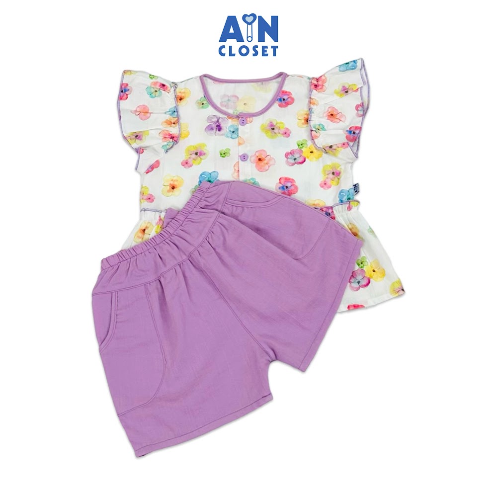 Bộ quần áo Ngắn bé gái họa tiết Hoa Ngũ Sắc quần tím cotton - AICDBGFHOY3L - AIN Closet