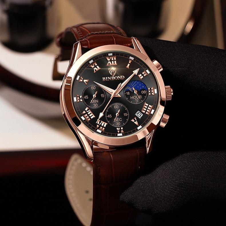 Đồng Hồ Nam Dây Da chạy 6 kim BINBOND I21 Kính Vòm