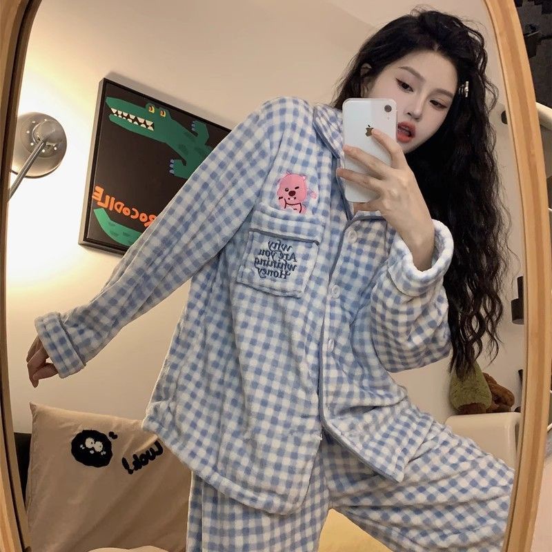 YAMI Loopy Bộ Đồ Ngủ vải lông cừu san hô pijama hoạt hình Dễ thương đồ mặc nhà nữ