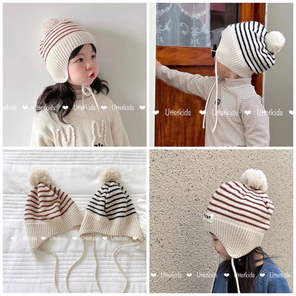 MŨ LEN SỌC CÓ DÂY PHONG CÁCH HÀN QUỐC CHO BÉ GÁI VÀ BÉ TRAI RẤT ĐẸP