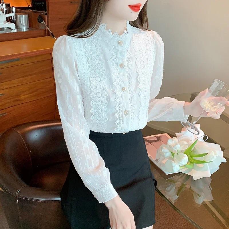 Áo Sơ Mi chiffon Tay Dài Phối Ren Thời Trang Công Sở Cho Nữ
