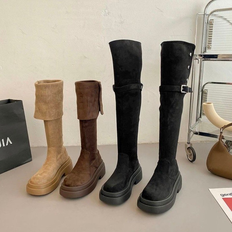 Giày Bốt Cao Qua Gối Bằng Da Lộn Màu Trơn Phong Cách Thu Đông Mới Cho Nữ