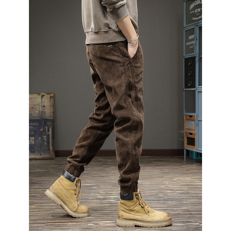 Quần nhung tăm dáng rộng lưng thun co giãn phong cách retro Mỹ thời trang mùa đông cho nam có size lớn