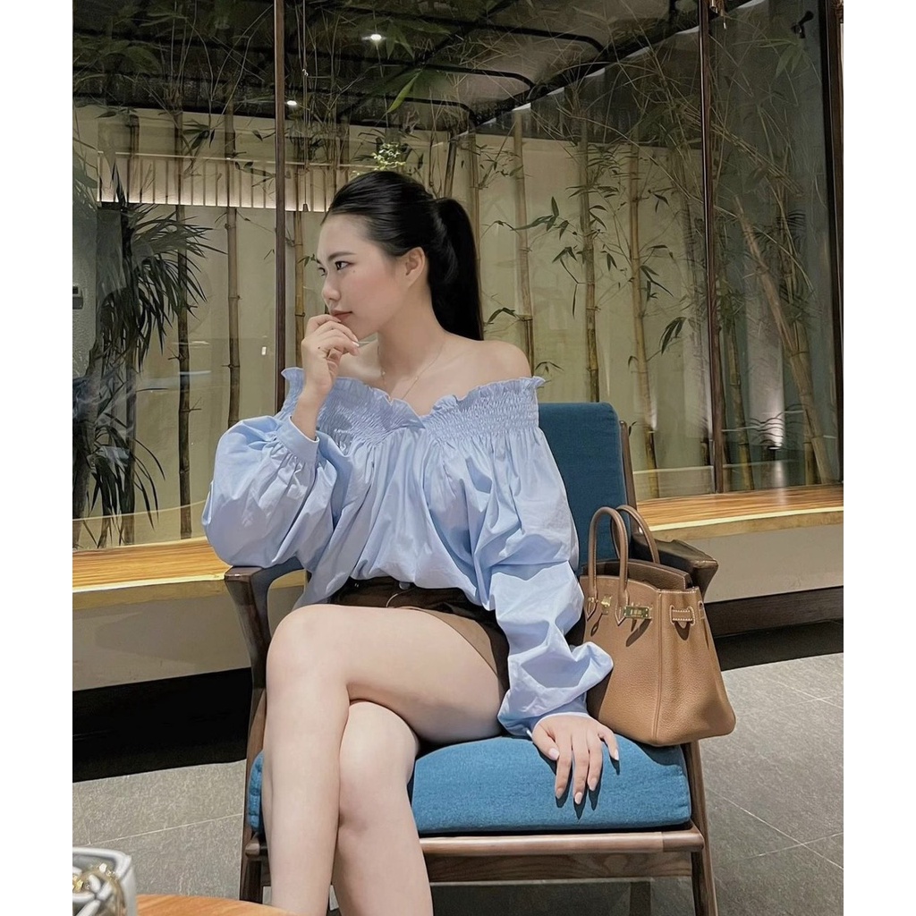 SET ÁO XANH TRỄ VAI BOTHUN TAY PHỒNG +CHÂN VÁY KAKI NÂU