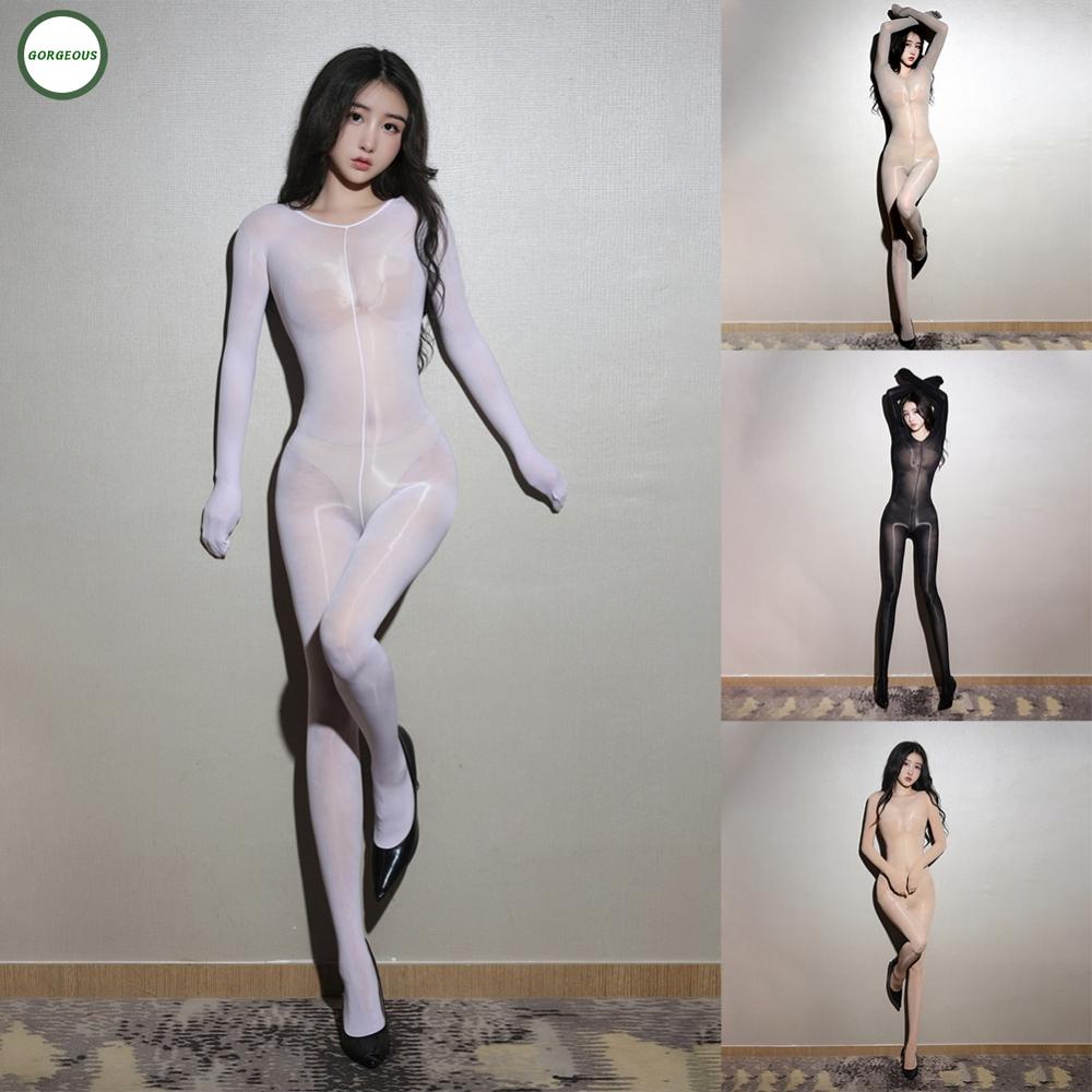 New Coming~Ultra Thin Shiny Bodysuit Sheer Transparent Full Bodystocking Open Crotch#Home Essentialses