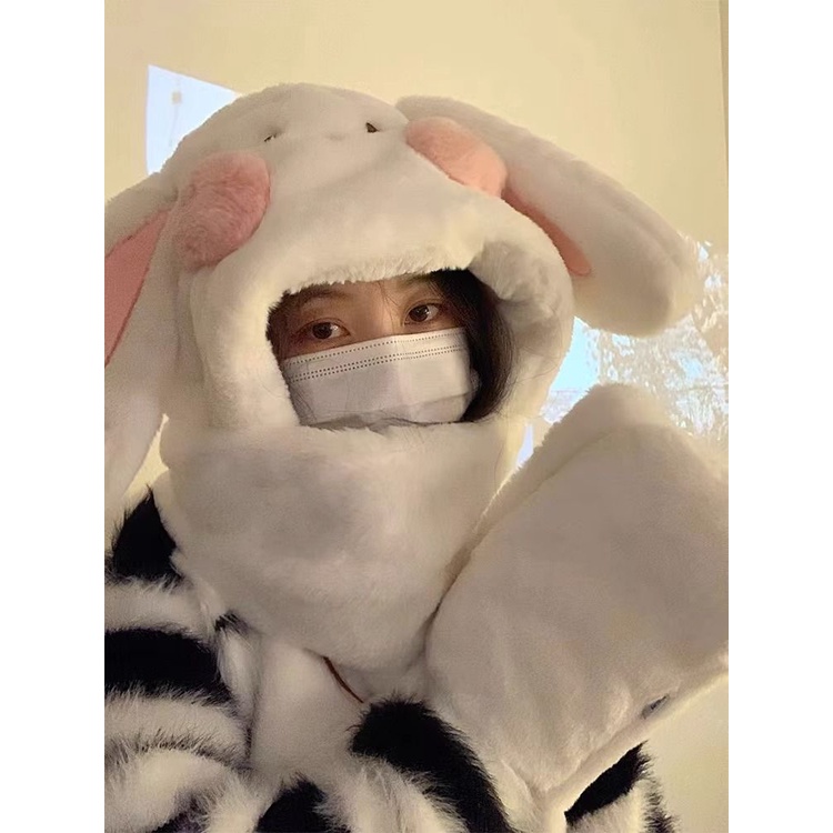 Bộ Ba Món Gồm Nón + Găng Tay + Khăn Choàng + Khăn Choàng Tai Thỏ Bằng Vải Lông Dày Dặn Ấm Áp Dễ Thương Cho Nữ